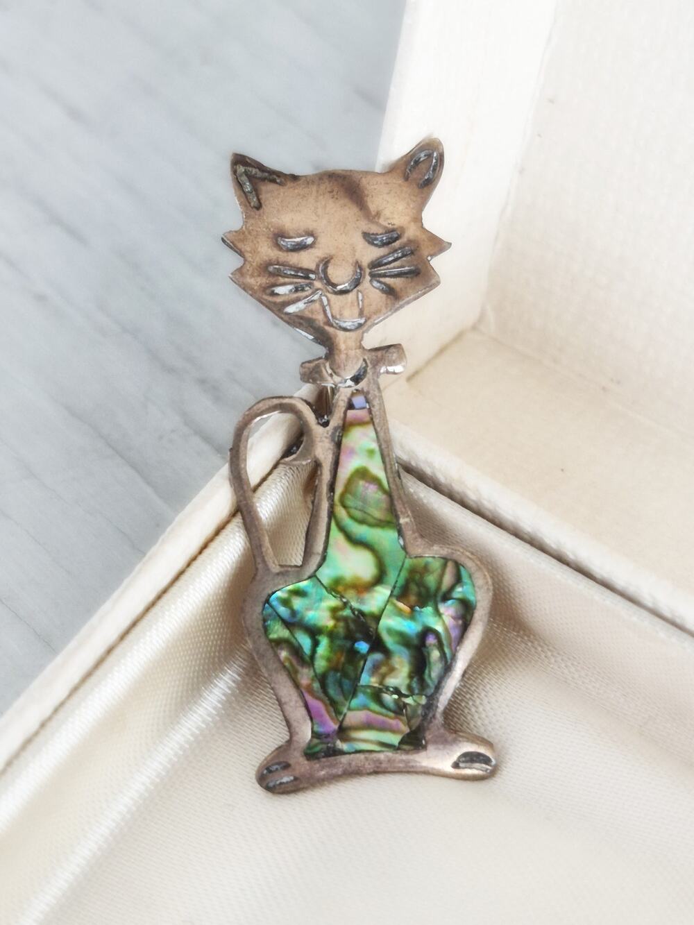 Abalone Shell Cat Sterling Silver Taxco Mexico Brooch Pin Vintage